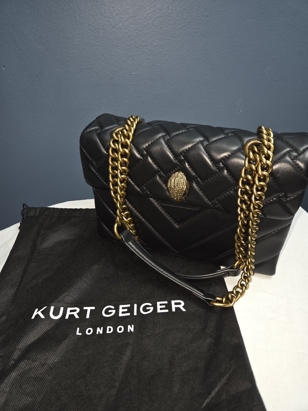 Kurt Geiger Black Quilted Leather Shoulder Bag with Gold Chain